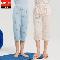 Triple Gun Sleeping Pants Summer Lady Home Pants Pure Cotton Slim printed Seven Pants Outside Wearing Loose Shorts Women Midpants