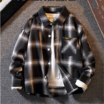 Children's boys shirt plus velvet padded new autumn and winter clothes for boys in large cotton plaid sanding shirt tide