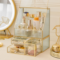 Light luxury cosmetics storage box dressing table desktop lipstick copper glass drawer rack subnet Red household dustproof