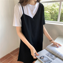 Black and white stitching fake two short-sleeved t-shirt dress womens summer 2021 new Korean version loose small dress tide