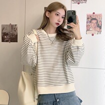 Round neck sweater womens new 2021 autumn thin lazy wind long sleeve loose Korean oversize stripe top