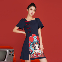 Improved cheongsam young section national tide Peking opera face mask Chinese style loose dress 2021 new autumn girl print
