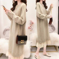 Pregnant womens winter sweater womens long pullover round neck loose lazy wind thickened base shirt dress spring and autumn