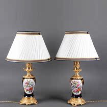  One-horned deer Western antique French gilt bronze porcelain base Hand-painted floral pleated lampshade Antique table lamp pair