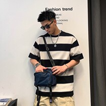 Xu Taiwan Collide Striped Sea Souls T-shirt Men Short Sleeve Spring and Summer Tide American style Loose Five-Point Cotton Cotton Coat