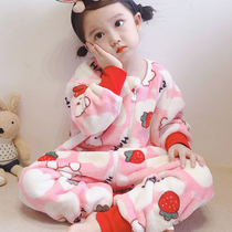 Sleeping bag children autumn and winter baby coral velvet split leg anti kicking thickened baby flannel Gong pajamas