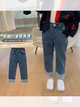 Girls foreign straight jeans 2021 autumn and winter New Korean baby Joker casual trousers children pants tide