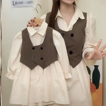 Net red parent-child clothing 2021 autumn new girl foreign style vest + shirt dress two-piece baby set