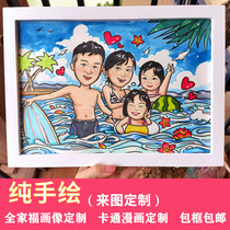 Family portrait pure hand-painted cartoon couple comics like custom Q version of real person avatar to cartoon portrait custom gift