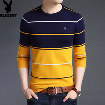Playboy autumn thin sweater mens round neck striped wool sweater Mens base shirt Long sleeve mens T-shirt line shirt