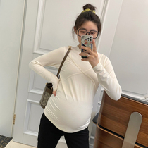 (LeoMami) pregnant woman with undershirt spring and autumn long sleeve T-shirt design feeling pure color pure cotton with slim inner lap
