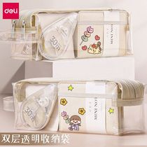 Deli double transparent pencil case large capacity female simple junior high school students high appearance high school students Japanese stationery bag stationery box ins tide girl exam special high school entrance examination triangle bag