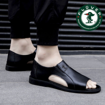 PLOVER PECK Wood Birds Men Sandals 2022 Summer Breathable Genuine Leather Casual Cool Leather Shoes Men Beach Shoes Soft-bottom