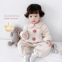 Korean version of autumn and winter baby jumpsuit winter plus velvet thickened warm baby ha clothes out climbing clothes suit (