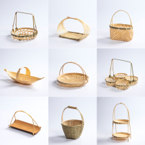 Bamboo-made small lifting basket round handle tea point Water fruit basket Cake Tray Creativity Small Bamboo Basket Multilayer Bamboo basket