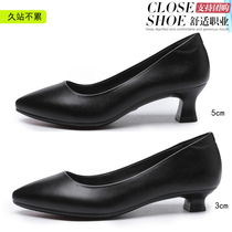 Soft leather professional high heels womens etiquette pointed single shoes Leather black medium heel fine heel Flight attendant formal work shoes