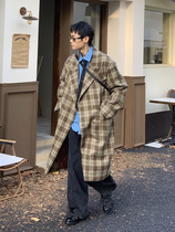 EAHO Korean retro plaid long woolen coat over-the-knee trench coat new high-end men and women couple trend