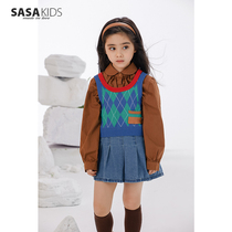 SASAKIDS custom girls  autumn clothes Lingge retro mini pocket sweater college style childrens western style vest