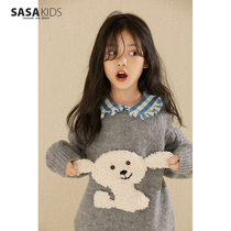  SASAKIDS custom CUTE LAMB hair puppy SWEATER JACKET GIRLS AUTUMN and winter off-the-shoulder bubble sleeve sweater