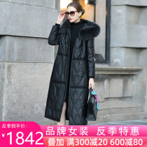 2020 winter new female long over-the-knee leather down jacket fox fur collar hooded Haining sheepskin large size leather jacket