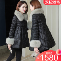 2021 new female Haining fox fur leather down jacket long A- shaped thin sheepskin leather jacket