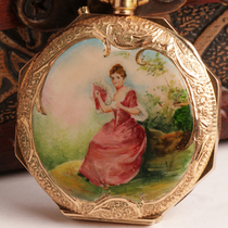 Gold octagonal enamel landscape beauty figure pocket watch(antique watch family)
