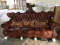 American solid wood leather sofa double-sided carved sofa European leather sofa villa high-end sofa combination