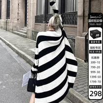 IAMCPLUS Sunny romantic not close black and white contrast striped cardigan long knitted coat Street top