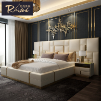 Luxury Light Luxury Real Leather Bed Double Bed American Hotel Sample House Port Style Postmodern Master Bedroom Upscale Atmosphere