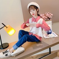 Girl shirt autumn suit 20 new Korean childrens foreign style coat spring and autumn little girl denim three-piece set