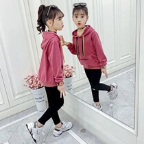 Girls Sweetclothes 2021 autumn new childrens foreign style Fashion Net Red girl hooded color rope pink and purple coat