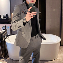 Casual suit suit mens Korean version of the trend slim light gray stripe business dress groom small suit three-piece suit