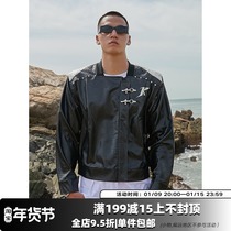 Knyiiii black design steel standard rivet splicing short leather metal fan car clothing men and women loose Autumn Tide