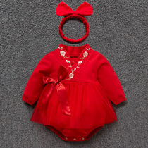Baby Full Moon shirt spring and autumn newborn cheongsam 100 days banquet year old dress female baby 100 days Princess ha clothes
