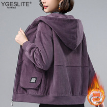 Corduroy plus velvet coat women short 2021 autumn and winter new elderly mother casual loose thick jacket