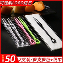 Custom fruit fork handmade independent packaging 2 3 4 5 disposable tasting fork plastic label with paper towel set