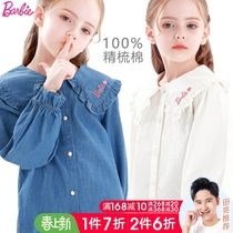 Barbie Girl Denim Shirt Pure Cotton Spring Autumn Clothing 2022 New Ocean Gas Children Shirt CUHK Child Doll Collar Blouse