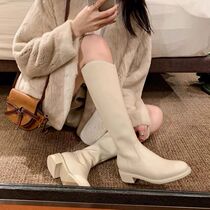 Grapes moms Studiolee long leg warning ~ genuine leather V mouth coarse heel medium-high cylinder boot straight cylinder long boot female rider boot