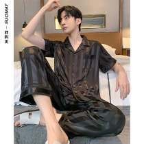 Ice silk pajamas mens summer thin short sleeves long pants large size summer mens loungewear high-end imitation silk set