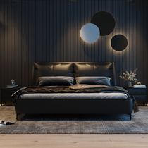 Modern bed in the master bedroom nuptial bed black bed Italian simple double pouch 1 8 m light luxury zhen leather bed
