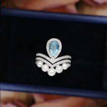 18K Real Gold Crown Santa Maria Aquamarine Ring Josephine Pearl Combination V-shaped Diamond Stacked Jewelry Women