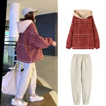 Pregnant women autumn suit fashion model 2021 New pregnant woman hooded coat autumn and winter wear thickened two-piece set
