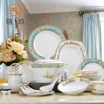 Dish set Household European-style 60 head Tangshan bone China tableware bowl Western-style creative ceramic bowl and plate combination
