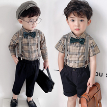 Baby one year old dress British style boy long sleeve shirt autumn children suit belt pants set flower boy handsome