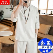 Chinese style two-piece summer short-sleeved suit mens loose cotton and linen costume Hanfu dress Chan costume Tang suit