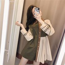 Pregnant women autumn shirt outside wear design sense niche autumn 2021 New retro port flavor stitching pregnant women dress
