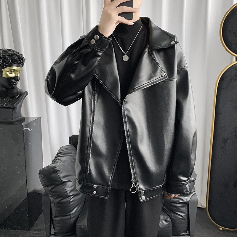 pu jacket mens spring and autumn thin trend oblique zipper jacket tide brand ins Hong Kong wind loose tooling plus velvet leather