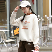Junior high school students plus velvet clothes autumn and winter girls big childrens winter clothes half high collar thick inner cartoon cute top