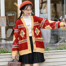 Girl big boy cute bear sweater coat spring and autumn Girl Big Boy Girl Diamond sweater cardigan Academy style
