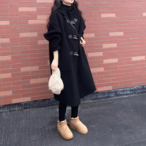 Horn buckle double face cashmere big coat woman 2022 autumn winter new medium long section with cap small sub wool coat
